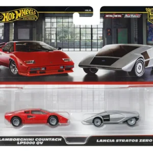Hot Wheels Premium 2-Pack: Lamborghini Countach LP5000 QV in red and Lancia Stratos Zero in silver with Real Riders, metal body and base plate. The whole in a large blister pack. Scale 1:64