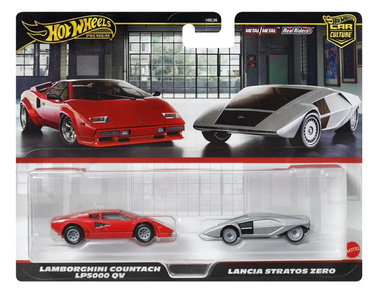 Hot Wheels Premium 2-Pack: Lamborghini Countach LP5000 QV in red and Lancia Stratos Zero in silver with Real Riders, metal body and base plate. The whole in a large blister pack. Scale 1:64